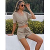 image:imageEkouaer Womens Ribbed Knit Lounge Set Short Sleeve Top and Shorts Sleepwear Pajama Set Two Piece Shorts Outfits SetKhaki