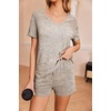 image:imageEkouaer Womens Ribbed Knit Lounge Set Short Sleeve Top and Shorts Sleepwear Pajama Set Two Piece Shorts Outfits SetKhaki