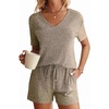 image:imageEkouaer Womens Ribbed Knit Lounge Set Short Sleeve Top and Shorts Sleepwear Pajama Set Two Piece Shorts Outfits SetKhaki