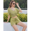 image:imageEkouaer Womens Ribbed Knit Lounge Set Short Sleeve Top and Shorts Sleepwear Pajama Set Two Piece Shorts Outfits SetMoss Green
