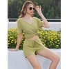 image:imageEkouaer Womens Ribbed Knit Lounge Set Short Sleeve Top and Shorts Sleepwear Pajama Set Two Piece Shorts Outfits SetMoss Green