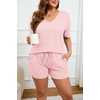 image:imageEkouaer Womens Ribbed Knit Lounge Set Short Sleeve Top and Shorts Sleepwear Pajama Set Two Piece Shorts Outfits SetPink