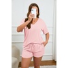 image:imageEkouaer Womens Ribbed Knit Lounge Set Short Sleeve Top and Shorts Sleepwear Pajama Set Two Piece Shorts Outfits SetPink