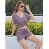 image:imageEkouaer Womens Ribbed Knit Lounge Set Short Sleeve Top and Shorts Sleepwear Pajama Set Two Piece Shorts Outfits SetPurple