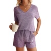 image:imageEkouaer Womens Ribbed Knit Lounge Set Short Sleeve Top and Shorts Sleepwear Pajama Set Two Piece Shorts Outfits SetPurple