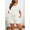 image:imageEkouaer Womens Ribbed Knit Lounge Set Short Sleeve Top and Shorts Sleepwear Pajama Set Two Piece Shorts Outfits SetWhite
