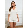 image:imageEkouaer Womens Ribbed Knit Lounge Set Short Sleeve Top and Shorts Sleepwear Pajama Set Two Piece Shorts Outfits SetWhite
