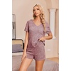 image:imageEkouaer Womens Ribbed Knit Lounge Set Short Sleeve Top and Shorts Sleepwear Pajama Set Two Piece Shorts Outfits SetWine Red