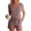 image:imageEkouaer Womens Ribbed Knit Lounge Set Short Sleeve Top and Shorts Sleepwear Pajama Set Two Piece Shorts Outfits SetWine Red