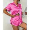 image:imageEkouaer Womens Silk Satin Pajama Set Print Short Sleeve Sleepwear Button Down Pjs Shorts Set LoungewearArose Red Leopard