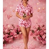 image:imageEkouaer Womens Silk Satin Pajama Set Print Short Sleeve Sleepwear Button Down Pjs Shorts Set LoungewearLip Heart