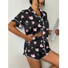 image:imageEkouaer Womens Silk Satin Pajama Set Print Short Sleeve Sleepwear Button Down Pjs Shorts Set LoungewearPink Love Heart