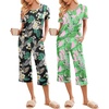 image:imageEkouaer 2 Pack Womens Pajamas Set Short Sleeve Sleepwear Capri Pants Pjs Soft Loungewear with PocketsBlack Flower  Green Leaf