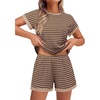 image:imageEkouaer 2 Piece Sets for Women Summer Outfits Cute Stripe Knit T Shirts Shorts Matching Lounge SetBrown