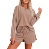 image:imageEkouaer Pajama Set for Women Waffle Knit Lounge Sets Long Sleeve Top and Shorts Sleepwear Matching Loungewear SXXLBeige