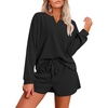 image:imageEkouaer Pajama Set for Women Waffle Knit Lounge Sets Long Sleeve Top and Shorts Sleepwear Matching Loungewear SXXLBlack