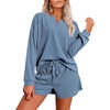 image:imageEkouaer Pajama Set for Women Waffle Knit Lounge Sets Long Sleeve Top and Shorts Sleepwear Matching Loungewear SXXLBlue
