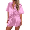 image:imageEkouaer Pajamas for Women Silk Satin Pjs Soft Sleepwear Short Sleeve Button Down Pjs Top and Shorts 2 Piece Lounge Set SXXLPastel Violet