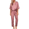 image:imageEkouaer Satin Pajama Set Womens Silk Short Sleeve V Neck Shirt with Long Pant Soft Loungewear Pjs SetPurplish Red
