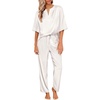 image:imageEkouaer Satin Pajama Set Womens Silk Short Sleeve V Neck Shirt with Long Pant Soft Loungewear Pjs SetWhite