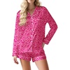 image:imageEkouaer Satin Pajama Set for Women Button Down Pj Set Long Sleeve Top and Shorts 2 Piece Loungewear Summer Soft SleepwearHot Pink
