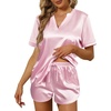 image:imageEkouaer Silk Pajamas for Women Short Sleeve Satin Sleepwear Twopiece Pjs Set Soft V Neck LoungewearSXXLPink