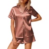 image:imageEkouaer Silk Satin Pajamas 2 Piece Pajamas for Women Set Button Down PJ Short Sleeve and Shorts Pjs Lounge SetsCaramel