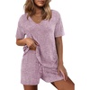 image:imageEkouaer Womens 2 Piece Lounge Sets Summer Two Piece Outfits Ribbed Knit V Neck Short Sleeve Tee and Pockets Shorts SetsLilac