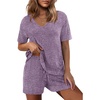 image:imageEkouaer Womens 2 Piece Lounge Sets Summer Two Piece Outfits Ribbed Knit V Neck Short Sleeve Tee and Pockets Shorts SetsPurple
