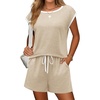 image:imageEkouaer Womens Pajamas Set 2 Piece Short Sleeves PJs O Neck Tops and Drawstring Waist Shorts Soft Lounge SetKhaki