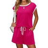 image:imageEkouaer Womens Pajamas Set 2 Piece Short Sleeves PJs O Neck Tops and Drawstring Waist Shorts Soft Lounge SetRose Red
