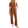 image:imageEkouaer Womens Rib Knit Pajamas Button Up Lounge Sets Short Sleeve Top and Long Pants Matching Pjs Sleepwear LoungewearChocolate