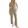 image:imageEkouaer Womens Rib Knit Pajamas Button Up Lounge Sets Short Sleeve Top and Long Pants Matching Pjs Sleepwear LoungewearKhaki