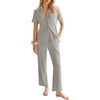 image:imageEkouaer Womens Rib Knit Pajamas Button Up Lounge Sets Short Sleeve Top and Long Pants Matching Pjs Sleepwear LoungewearLight Grey