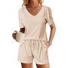image:imageEkouaer Womens Ribbed Knit Lounge Set Short Sleeve Top and Shorts Sleepwear Pajama Set Two Piece Shorts Outfits SetBeige