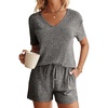image:imageEkouaer Womens Ribbed Knit Lounge Set Short Sleeve Top and Shorts Sleepwear Pajama Set Two Piece Shorts Outfits SetGray
