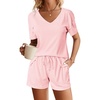 image:imageEkouaer Womens Ribbed Knit Lounge Set Short Sleeve Top and Shorts Sleepwear Pajama Set Two Piece Shorts Outfits SetPink