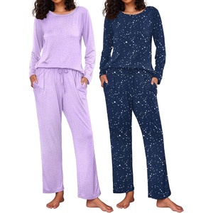 image:imageEkouaer 2 Pack Womens Pajama Sets Long Sleeve Pjs Lounge Set Soft Comfy Sleepwear Winter LoungewearAlilac DotsNavy Star