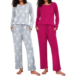 image:imageEkouaer 2 Pack Womens Pajama Sets Long Sleeve Pjs Lounge Set Soft Comfy Sleepwear Winter LoungewearArose RedGray Star