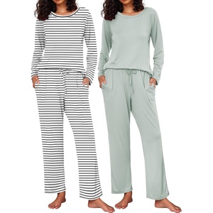 image:imageEkouaer 2 Pack Womens Pajama Sets Long Sleeve Pjs Lounge Set Soft Comfy Sleepwear Winter LoungewearBlack StripeLight Green