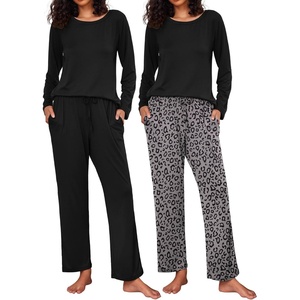 image:imageEkouaer 2 Pack Womens Pajama Sets Long Sleeve Pjs Lounge Set Soft Comfy Sleepwear Winter LoungewearBlackBlack Leopard