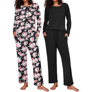 image:imageEkouaer 2 Pack Womens Pajama Sets Long Sleeve Pjs Lounge Set Soft Comfy Sleepwear Winter LoungewearBlackFlower