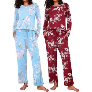 image:imageEkouaer 2 Pack Womens Pajama Sets Long Sleeve Pjs Lounge Set Soft Comfy Sleepwear Winter LoungewearBlue FlowerWine Red Flower