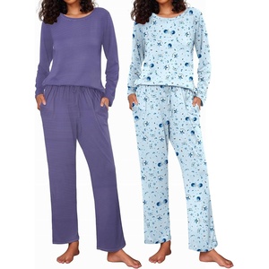 image:imageEkouaer 2 Pack Womens Pajama Sets Long Sleeve Pjs Lounge Set Soft Comfy Sleepwear Winter LoungewearBlue StripeStar Print