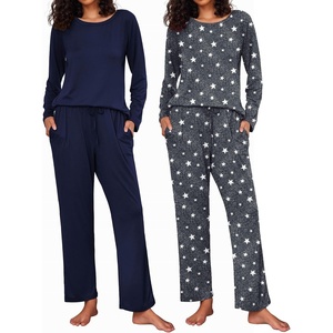 image:imageEkouaer 2 Pack Womens Pajama Sets Long Sleeve Pjs Lounge Set Soft Comfy Sleepwear Winter LoungewearGray StarNavy Blue