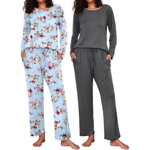 image:imageEkouaer 2 Pack Womens Pajama Sets Long Sleeve Pjs Lounge Set Soft Comfy Sleepwear Winter LoungewearGrayBlue Flower