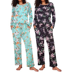 image:imageEkouaer 2 Pack Womens Pajama Sets Long Sleeve Pjs Lounge Set Soft Comfy Sleepwear Winter LoungewearGreen FlowerBlack Flower