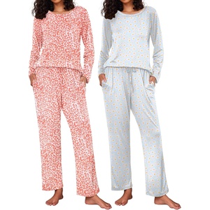 image:imageEkouaer 2 Pack Womens Pajama Sets Long Sleeve Pjs Lounge Set Soft Comfy Sleepwear Winter LoungewearLeopardDaisies