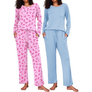 image:imageEkouaer 2 Pack Womens Pajama Sets Long Sleeve Pjs Lounge Set Soft Comfy Sleepwear Winter LoungewearPink BowLight Blue