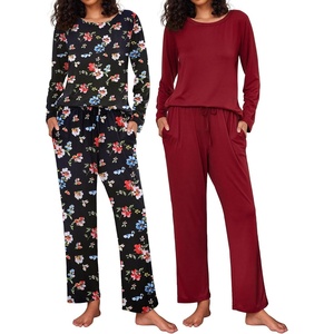 image:imageEkouaer 2 Pack Womens Pajama Sets Long Sleeve Pjs Lounge Set Soft Comfy Sleepwear Winter LoungewearWine RedBlack Flower